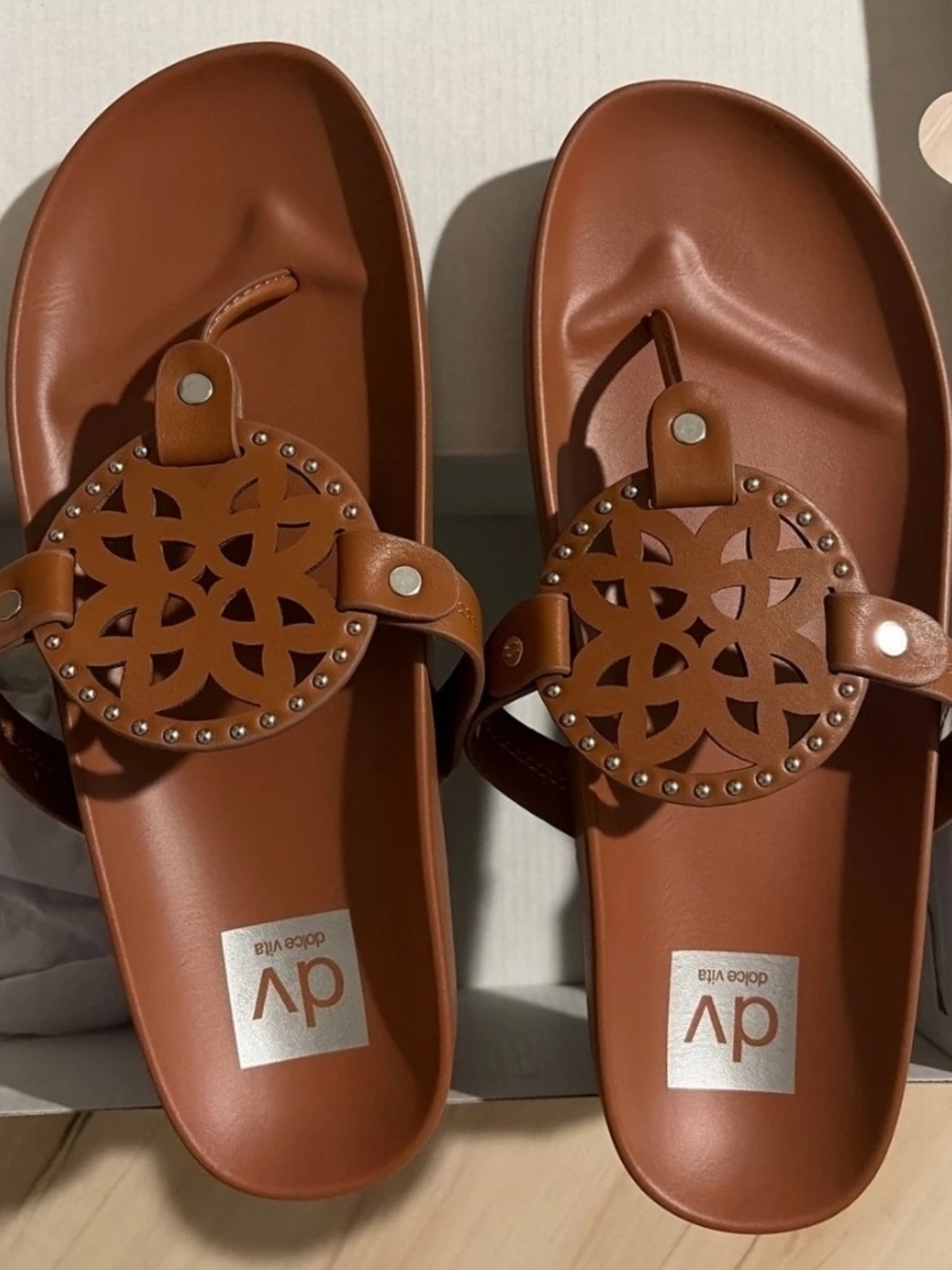 DV by Dolce Vita Cognac Leather Cutout Slide Sandals NEW